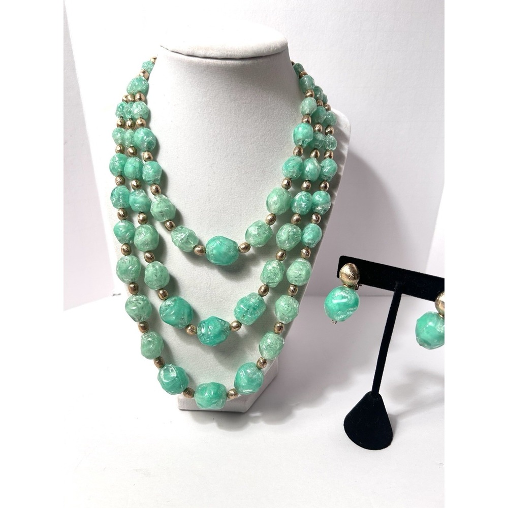Vintage 50/60's Napier 3 Strand Mint Green Necklace & Matching Clip Earrings